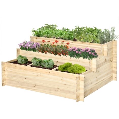 Carré Potager Surélevé 3 Étages Jardinière en Bois Naturel Vernis avec Doublure Non Tissée Jardin Balcon 117x100x54cm Naturel