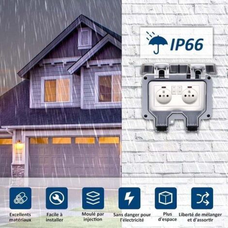 Prise Extérieure étanche avec Interrupteur et Témoin Lumineux, Double Prise Etanche Prise Standard Français Encastrée, AC250V/16A pour Cuisine, Salle de Bain, Prise Murale de Jardin，boite etanche elec