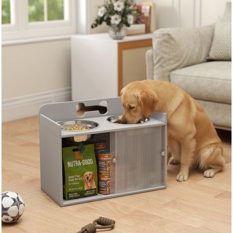 Estación elevada para perros con almacenaje, 2 cuencos inox, gris HAVRYA (1/4)