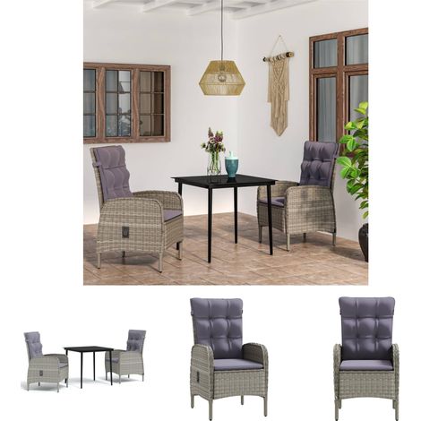 Rattanstühle - vidaXL 3-tlg. Garten-Essgruppe mit Auflagen Grau und Schwarz - Glas-Tisch (1/5)
