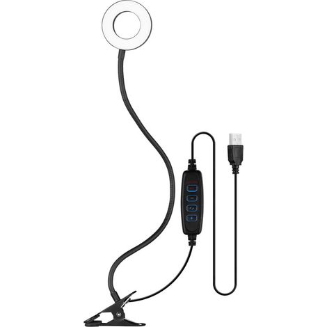 Anillo de luz LED de 3,5 pulgadas con clip, 3 modos de iluminación, intensidad ajustable, alimentación USB, brazo flexible (para videoconferencias).