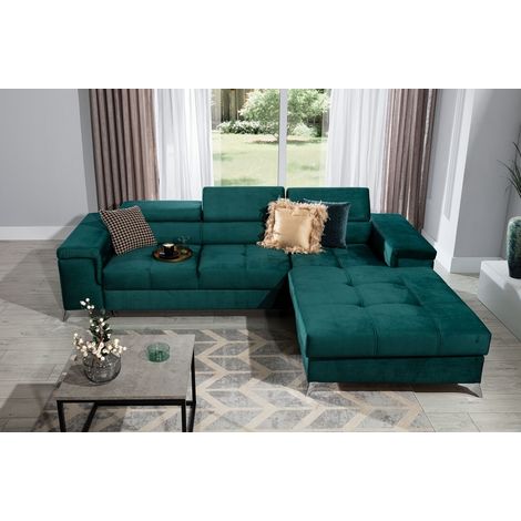 Canapé d'angle convertible en tissu luxe 5 places, RICHARD, vert, angle droit (1/5)