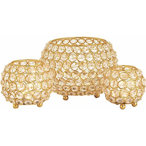 Lot de 3 Bougeoirs Chauffe-Plat en Métal et Cristaux de Verre Forme Boule Doré ou Argenté - PANGIVO