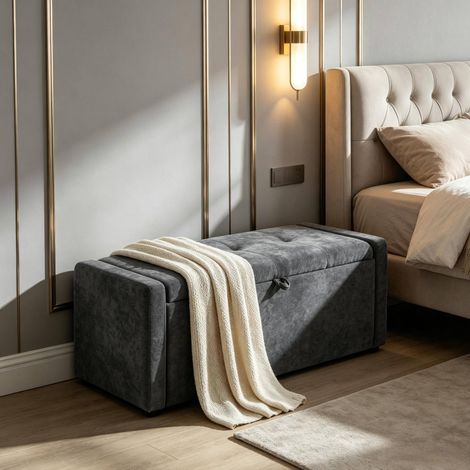 Banco de almacenamiento tapizado 122 x 48 x 44 cm, asiento ancho, gris oscuro OKMYHOME (1/5)
