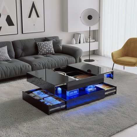 Couchtisch 78x78x43 cm mit RGB-Beleuchtung, 2 Schubladen, versteckter Stauraum, Hochglanz-Finish - Schwarz