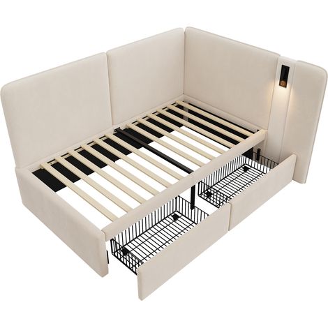 Lit de jour 90x200 cm avec 2 tiroirs, lit rembourré, canapé-lit avec port de charge USB et lampe de lecture, velours, beige (1/5)