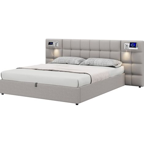 Lit rembourré 180 x 200 cm, lit hydraulique, avec port USB, recharge sans fil et lampe éclairée, avec rangement, pour adultes et adolescents, support à lattes en bois, montage facile, lin, gris (1/5)