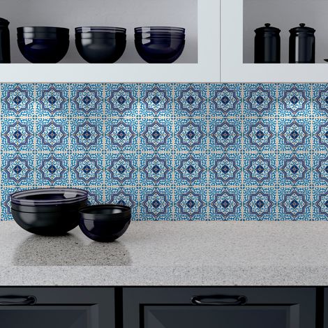 Sticker Mural Carrelage adhésif Cuisine Salle de Bain - 24 STICKERS CARREAUX DE CIMENT AZULEJOS HENRIQUE - 24stickers10x10cm (1/5)