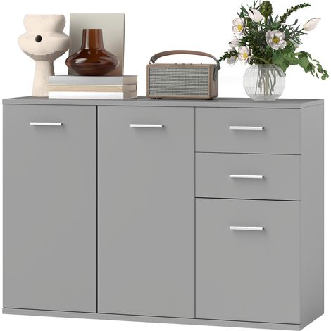 Crédence avec 3 tiroirs et 2 casiers bois gris clair 106x35x76 cm