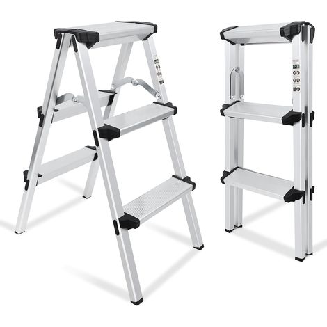Escabeau Marche Pied Pliante 3 Marches, Argenté Antidérapants, Max 150kg, Intérieur Extérieur, Pliable (1/5)