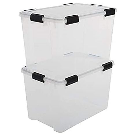 Iris Ohyama, Lot de 2 Boîtes de Rangement, Hermétiques, 70 L, avec clips, empilable , garage, cave, grenier - Air Tight Box AT-LD - Transparent
