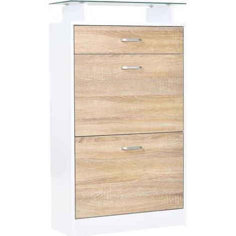 Armoire à Chaussures Meuble rangement Chaussures 2 Portes abattantes 2 Compartiments, tiroir, Plateau en Verre - Bois chêne Blanc (1/5)