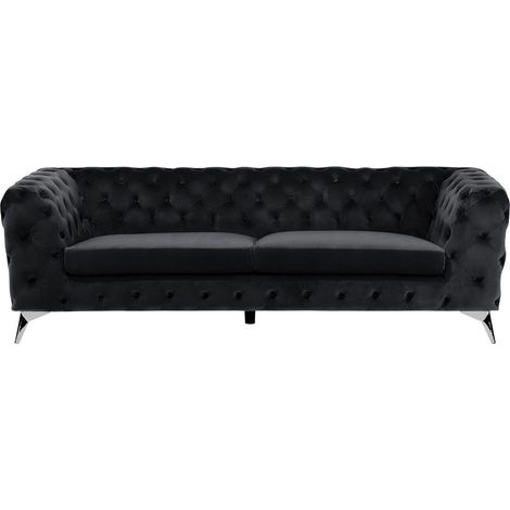 Beliani – Canapé fixe 3 places en velours noir – Capitonné – Largeur 224 cm – Style glamour vintage – Rembourrage en mousse 30 kg/m3