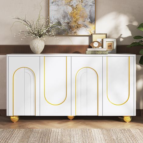 Sideboard mit 4 Türen und goldener Bogenlinien-Deko, 140 x 40 x 74 cm, weiß, OKMYHOME (1/5)