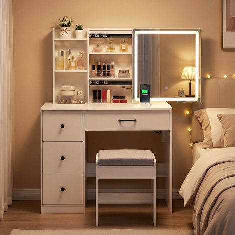 Coiffeuse avec Miroir et Tabouret, 3 Modes d'Éclairage, Luminosité Réglables, Station de Charge, 4 Tiroirs, Étagères, Armoire, 96 x 40 x 135 cm (1/5)