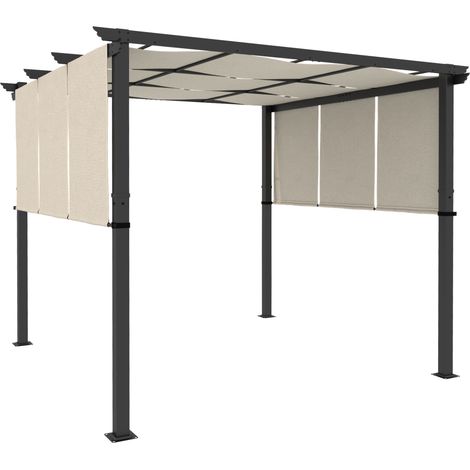 Pergola 3 toiles coulissantes 3x3x2,38m acier noir toile polyester beige haute densité