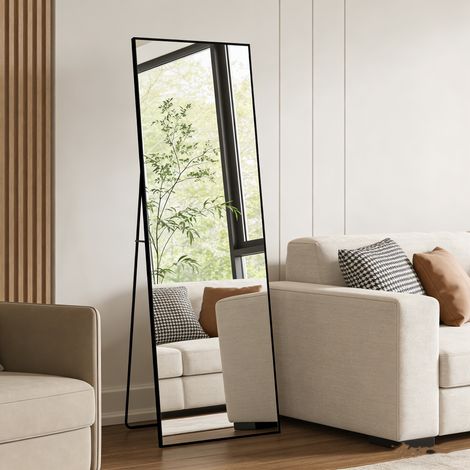 Miroir sur Pied Grand, 177 x 77cm, Miroir Mural, Rectangulaire, Miroir de Sol Pleine Longueur, verre trempé, Noir