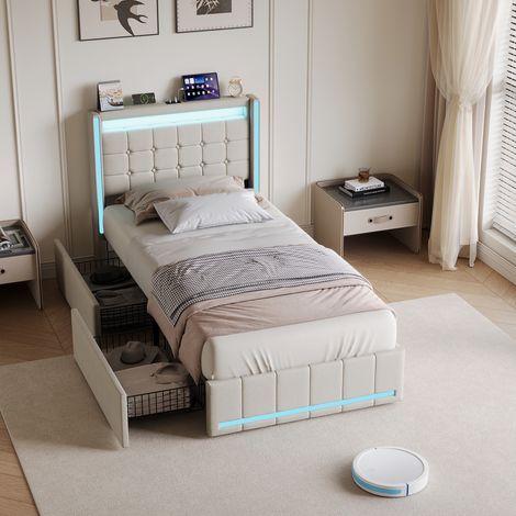 Lit Simple Rembourré 90x200 cm avec Tête de Lit à Oreilles LED RGB, 2 Tiroirs de Rangement et Station de Charge USB Type-C, Cadre en Lin - Beige (1/5)
