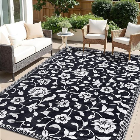Tapis d'extérieur imperméable résistant aux UV pour jardin, tapis de terrasse réversible en paille en plastique pour balcon, camping, pique-nique, arrière-cour - 150 x 240 cm, noir (1/5)
