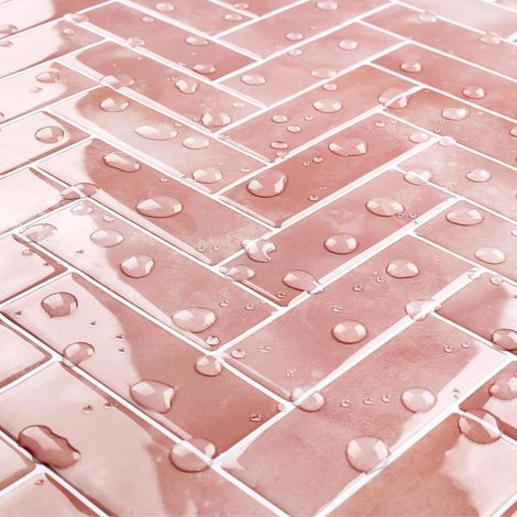 Adhesive pour Cuisine Rose Effet Chevrons Carrelage Adhesif Mural Salle de Bain Rose Poudré 3D Impermeable Dalle PVC Adhesive Murale Salle de Bain WC Cheminée 30x30CM, 4 Dalles (1/5)