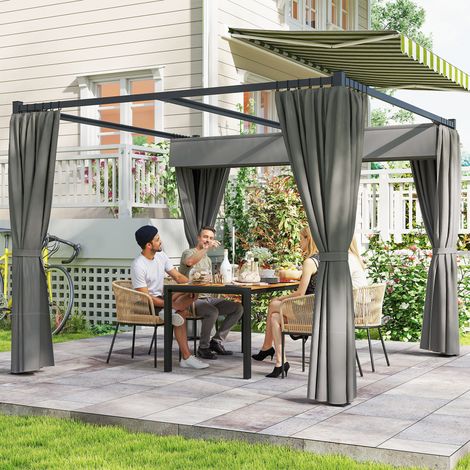 Pergola autoportante 3 x 3 m avec toit coulissant et parois latérales en toile gris clair résistante aux UV