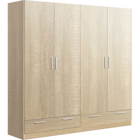Pegane – Armoire 4 portes 2 tiroirs chêne cambrian – Dimensions 202x51x200 cm – Panneaux de particules mélamine – Fabrication espagnole (1/2)