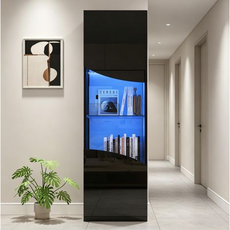 Vitrine de salon 35x50x165 cm noire en panneaux de particules avec verre trempé, finition brillante et éclairage LED (1/5)