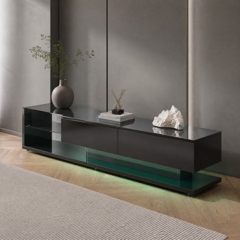 Mobile TV 170 x 36 x 38 cm nero lucido con LED, 2 cassetti e ripiani in vetro HAVRYA (1/5)
