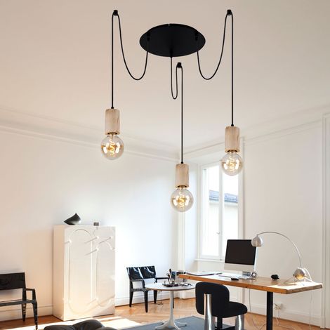Hängelampe Hängeleuchte Pendelleuchte Pendellampe Esszimmerlampe Esstischleuchte, 3 Flammig Landhaus, Holz natur Metall schwarz, E27 Fassungen, DxH 35x160cm