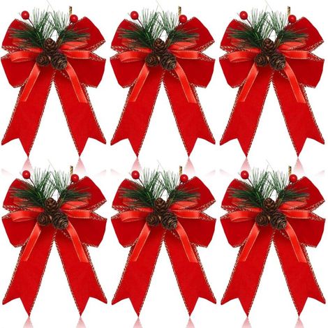 Set mit 6 Weihnachtsschleifen, karierte Schleifen aus Schleifenband mit Tannenzapfen, Weihnachtsbaumschmuck (rot) (1/5)