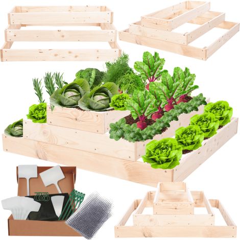MODO24 ZP09 Carré potager surélevé en escalier modulable, bois de pin, herbes/légumes, jardin/terrasse/balcon, 27x90x60 cm, naturel