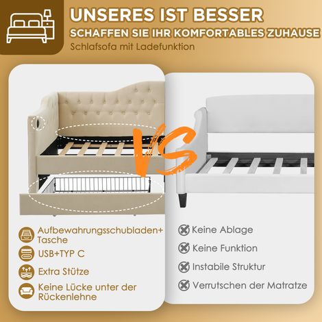 Canapé convertible 90x200 cm velours beige, avec coffre de rangement et 2 tiroirs, doté d’un port USB Type C, sans matelas (1/4)