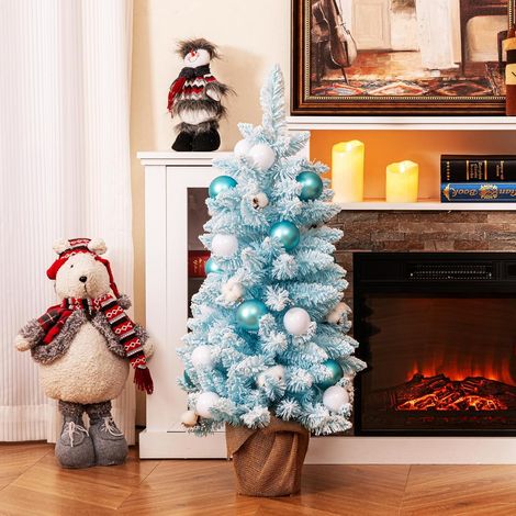 COSTWAY Mini Sapin de Noël Artificiel 90 cm, Sapin de Noël Pré-décoré avec 12 Boules de Coton Naturel, 24 Boules Décoratives, Pointes de Branches Floquées de Neige, Décoration de Fête (Bleu) (1/5)
