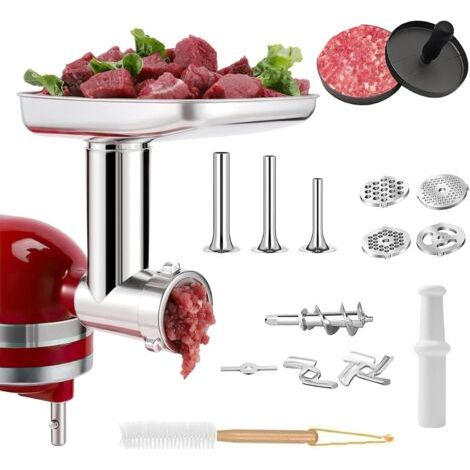 Accessoire Hachoir à Viande pour Robot Ménager KitchenAid, Comprend Un Poussoir à Saucisse, Une Brosse de Nettoyage, Acier Inoxydable Un Ensemble Trancheur-râpe pour KitchenAid (1/5)