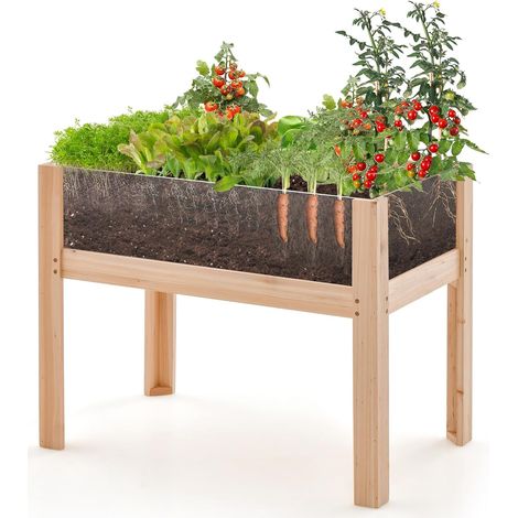 GOPLUS Carré Potager sur Pieds avec Panneau Acrylique, Lit de Jardin Surélevé en Bois, Trous de Drainage, Plates-Bandes Mobiles, 50L (1/5)