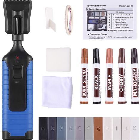 Kit per la riparazione di pavimenti in vinile, kit per la riparazione di mobili in PVC con penna termica, barre di cera (11 colori), 5 colori, sverniciatore per mobili e tavoli (1/5)