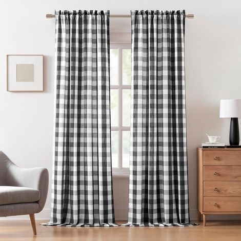 Cortinas semitransparentes de estilo rústico con estampado de cuadros tipo búfalo y bolsillo para barra, ideales para dormitorio o sala de estar (2 paneles, 132 x 214 cm, color negro). (1/5)