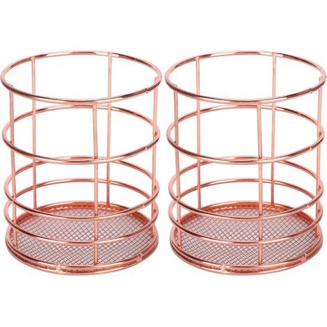 Lot de 2 porte-stylos ronds, panier de rangement de bureau en métal doré rose, boîte de rangement pour maquillage (1/5)