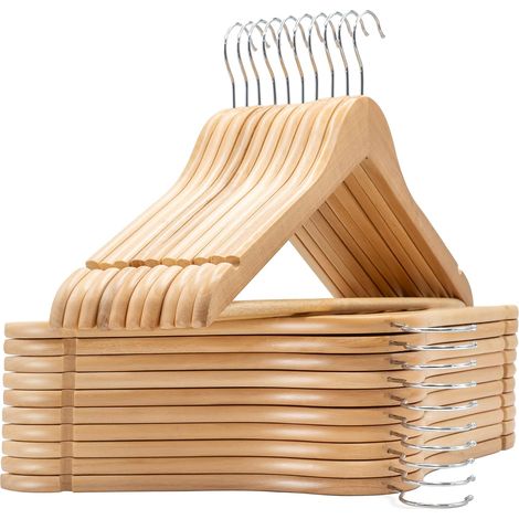 Perchas de madera, juego de 20, barra antideslizante para pantalones, con muescas antideslizantes, gancho giratorio de 360°, para trajes, camisas y abrigos (madera, 20 unidades).