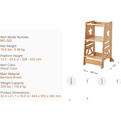 Escabeau, Hauteurs Ajustables, Bambou Écologique, BLANC (1/2)