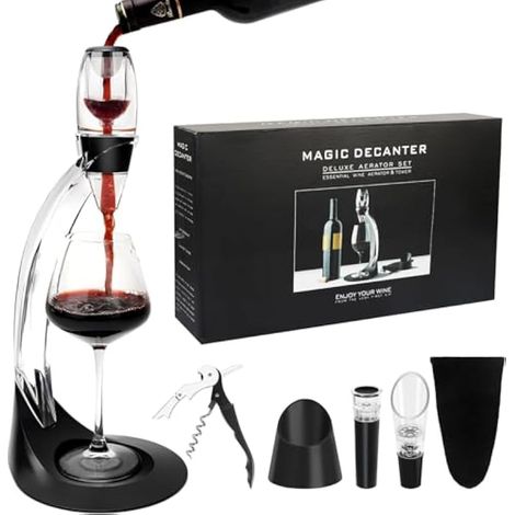 Ensemble aérateur de vin 7 en 1 avec carafe, 2 supports, tire-bouchon, bec verseur, bouchon à vide et sac. (1/5)