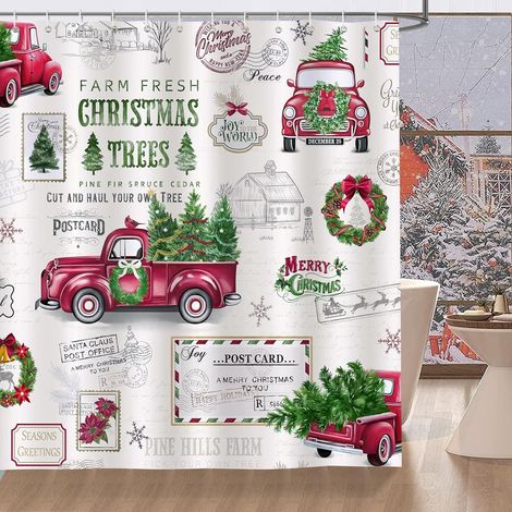 Rideau De Douche Noel - Motif Camion Rouge Et Guirlande De Noel - Polyester Imperméable 60 X 72 Pouces - 12 Anneaux Métalliques (1/5)