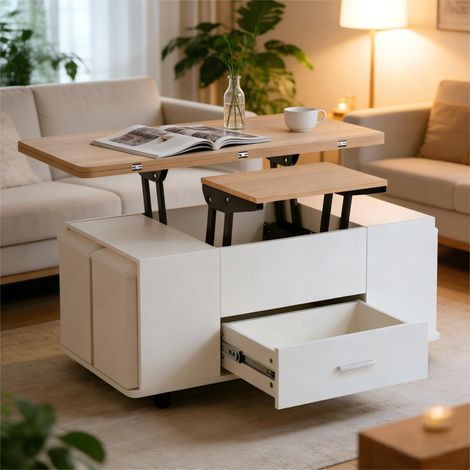 Table basse 100x50x45cm - relevable - 4 en 1 - mobile - avec tiroirs et 4 tabourets - blanc et bois (1/5)
