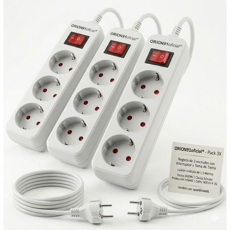 ORION91oficial® - 3X Regleta de 3 enchufes con Interruptor y Toma de Tierra Ladrón múltiple de 1,5 Metros hasta 3680W Clavija Schuko Protección Infantil Cable H05W-F 3G Color Blanco - spaz (1/4)