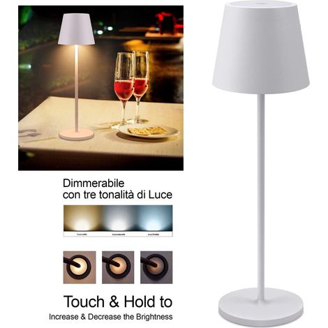 TRADE SHOP - Lampada Da Tavolo A Led Con Batteria Ricaricabile Touch Dimmerabile 3 Colori Bar - Bianco