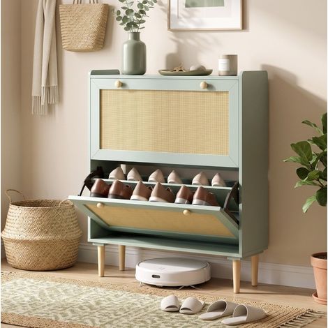 MODFU – Scarpiera a 2 ante a ribalta in legno per 12 paia, profondità 26 cm, frontali in rattan PVC e anti-ribaltamento – Verde chiaro (1/5)