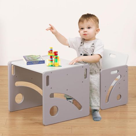 Ensemble Table et Chaise Montessori pour bébés de 1 à 3 Ans, Table et Chaise Ajustables en Hauteur pour la Lecture, Les Repas et Le Jeu, Facile à Assembler - Gris (1/5)