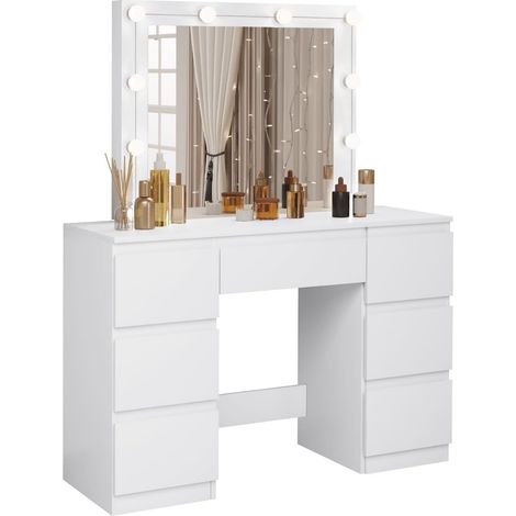 Coiffeuse avec Miroir LED à Luminosité Réglable WOLTU - Table de Maquillage avec 7 Tiroirs - 107x39, 5x140,5cm - Blanche