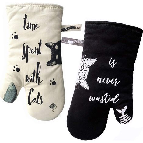 GREVY Gants de Cuisine Gants de Four Anti Chaleur Manique et Gant pour Cuisiner, Barbecue, Cuisson, Ivoire et Noir, Cat et Chat Noir, Amoureux des Chats