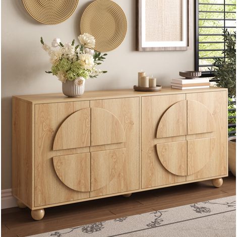 Credenza 4 ante con ripiani regolabili 160 x 38 x 76 cm in MDF e pino finitura naturale OKWISH (1/5)